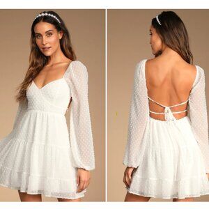 Lulus Longing And Love White Swiss Dot Puff Long Sleeve Mini Dress - Medium